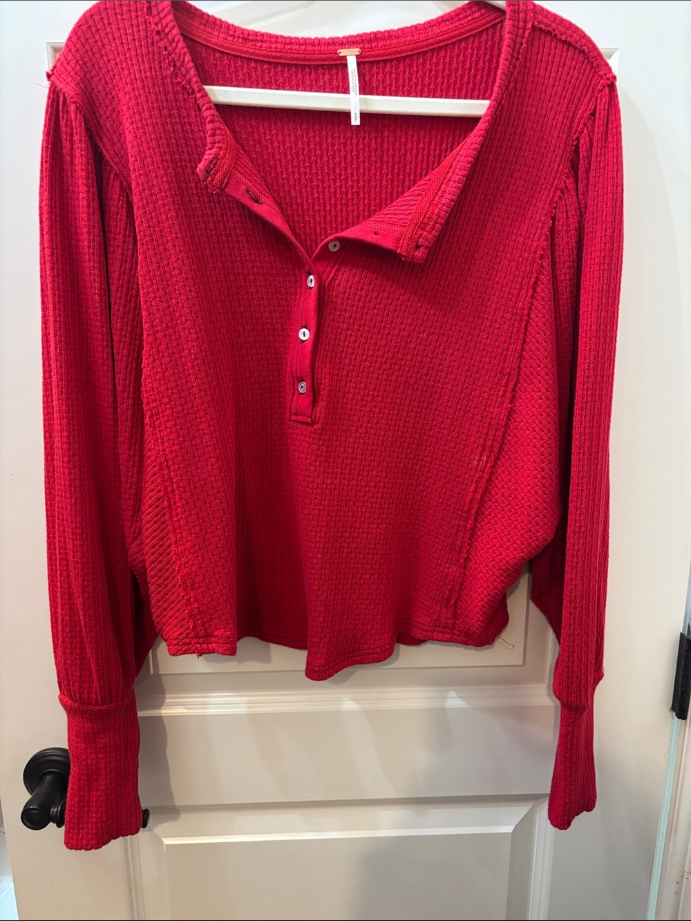 Women's Red Waffle-Knit Henley Long Sleeve Top Free People
